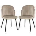 Scarlett Velvet Dining Chair Set of 2 in Warm Grey features padded, channel-stitched backs and seats in velvet, with slender black metal legs, embodying a modern/mid-century design.