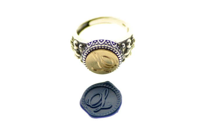 Script Initial Signet Ring - Backtozero B20 - 12f, 12mm, 12mm ring, 1initial, accessory, Custom, custom ring, Fleur de Lis, him, Initial, jewelry, One Initial, Personalized, ring, signet ring, size 10, size 11, size 8, size 9, wax seal, wax seal ring, wax seal stamp