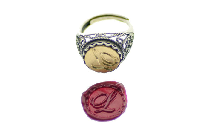 Script Initial Signet Ring - Backtozero B20 - 12l, 12mm, 12mm ring, 1initial, accessory, Custom, custom ring, Initial, jewelry, lace, One Initial, Personalized, ring, signet ring, size 10, size 7, size 8, size 9, wax seal, wax seal ring, wax seal stamp