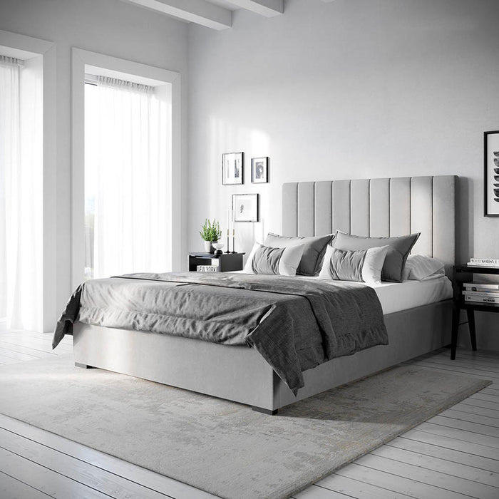Septima Upholstered Velvet Double Bed Base - Slate; shows a sleek, luxurious bed base with a soft velvet finish, sturdy wooden structure, ideal for modern interiors, enhancing bedroom elegance.