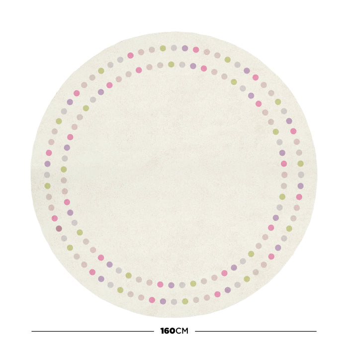 A 160cm Round Polka Dot Kids Indoor Rug features a cream background with two concentric rings of pastel dots in pink, green and lavender