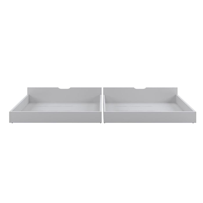 Single Solid Pine Under Bed Twin Storage Drawers in White, featuring shallow rectangular design with semicircular cutout handles, ideal for discreet under-bed storage, enhancing bedroom organization and accessibility.