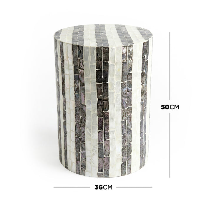 Full view of cylindrical side table on white background with dimensions labeled