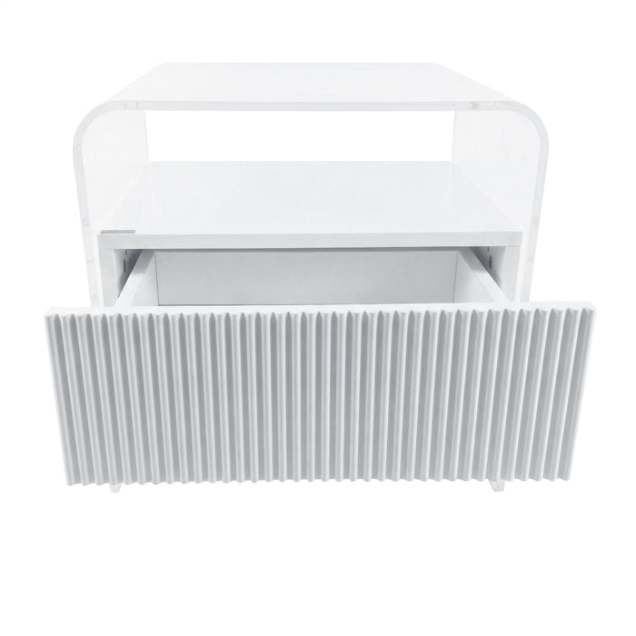 white acrylic nightstand on white background with partially open drawer