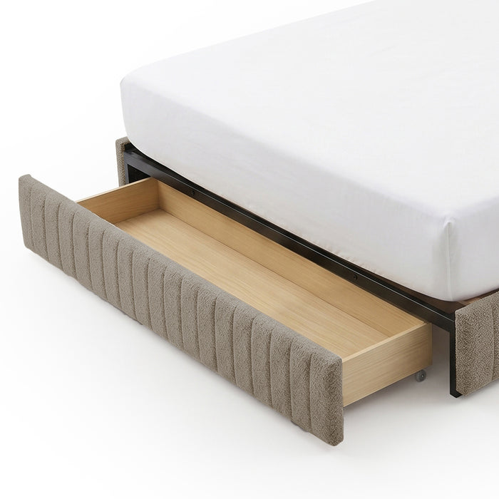 Solin King Fluted Storage Bed Base in Warm Beige Boucle with pull-out drawer, shown with mattress