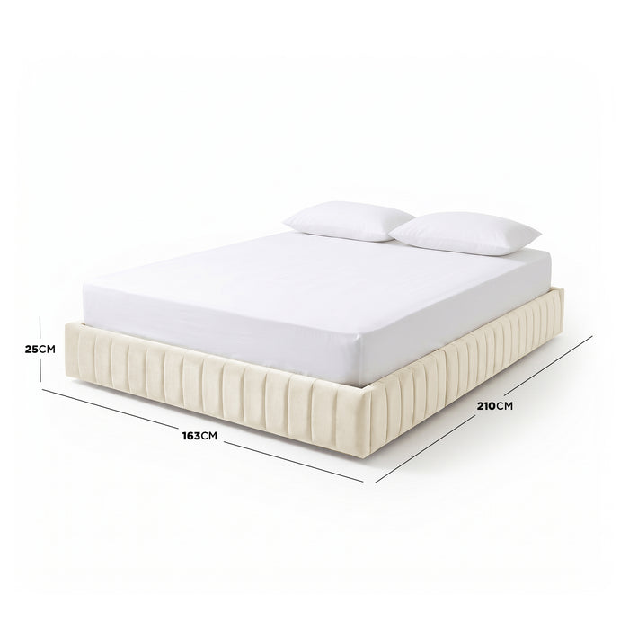 Cream upholstered bed on white background with black dimension lines indicating width, length, and height
