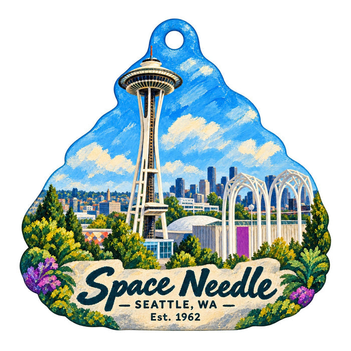 Space Needle and Chihuly Garden and Glass Logo custom wood ornament OC110 on white