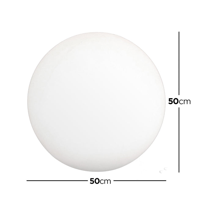Waterproof Outdoor LED Ball Lights Décor 50cm, a sleek white sphere with a black border, displayed with a measuring tape for size reference, showcasing its versatility and stylish design for outdoor settings. - Dimensions