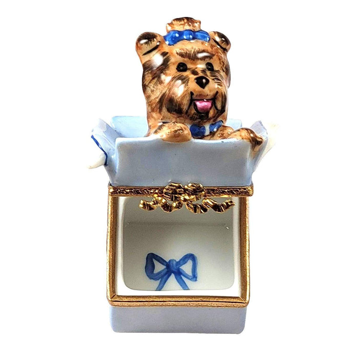 Dog Terrier In Present Porcelain Limoges xmas theme dog French Trinket Box