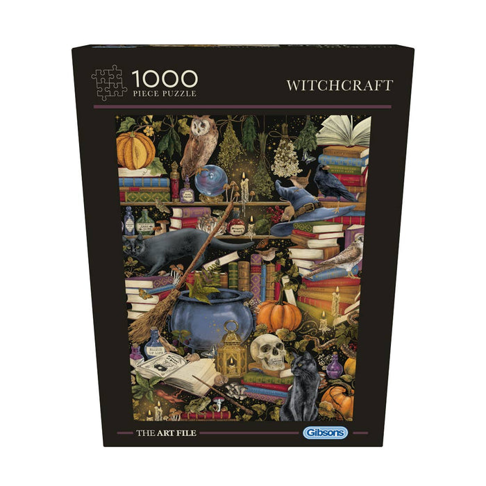 The Art File: Witchcraft 1,000 Piece Jigsaw Puzzle by Gibsons Games features illustrated books, potions, pumpkins, candles, owls, ravens & magical objects on the box.