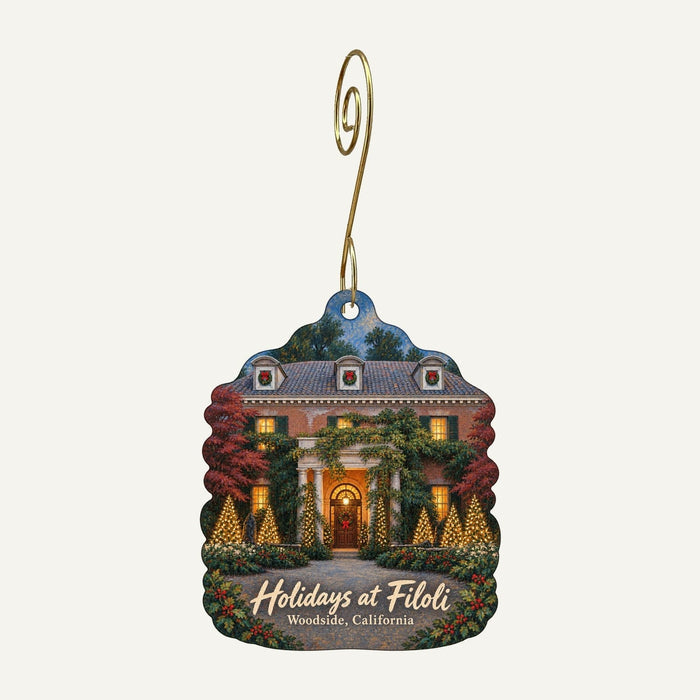 The Clock Tower Shop at Filoli Christmas custom wood ornament OC87 hanging on hook