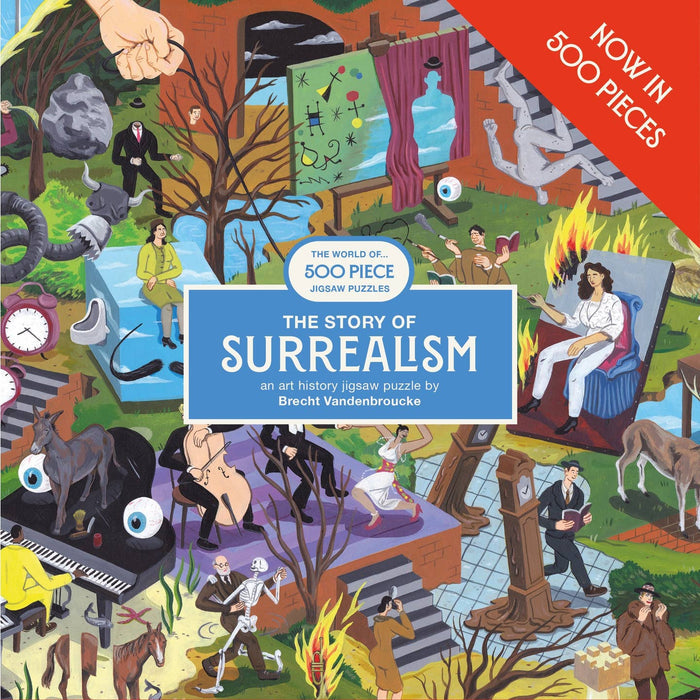 A vibrant 500-piece puzzle from Laurence King Publishing, The Story of Surrealism features colorful surrealist scenes with people, animals, and objects in unusual settings, plus a banner reading "The Story of Surrealism.