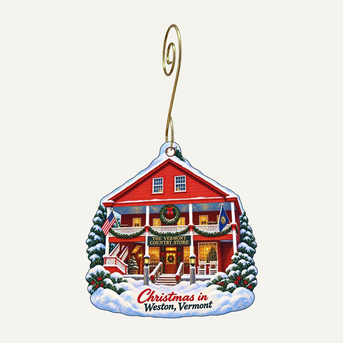 The Vermont Country Store Christmas custom wood ornament OC99 hanging on hook