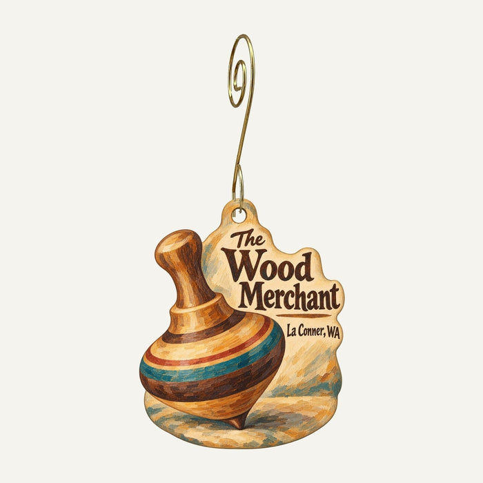 The Wood Merchant Logo custom wood ornament OC125 hanging on hook