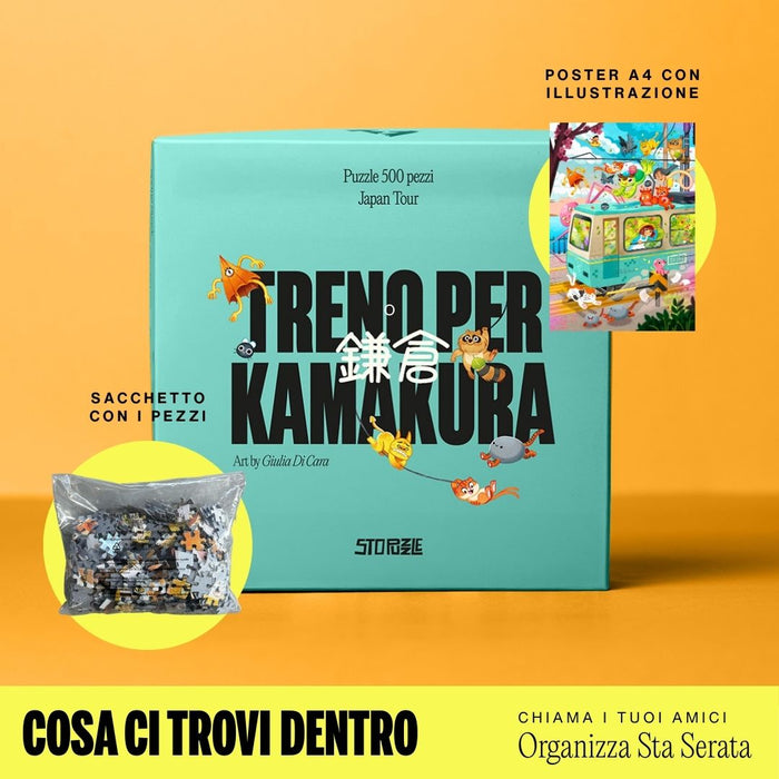 The Treno Per Kamakura | 500 Piece Jigsaw Puzzle by StoPuzzle is displayed in a turquoise box with the pieces in a bag and an illustrated A4 poster, all set against a yellow background.