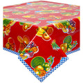 freckled sage tropical fruit red oilcloth tablecloth with blue gingham trim