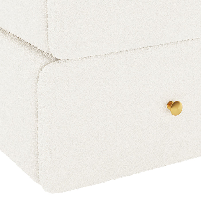 Tyla Boucle Bedside Table in Cream White, featuring two rounded-edge drawers upholstered in boucle fabric with single small brass knobs, showcasing a plush and elegant design for bedroom sophistication.
