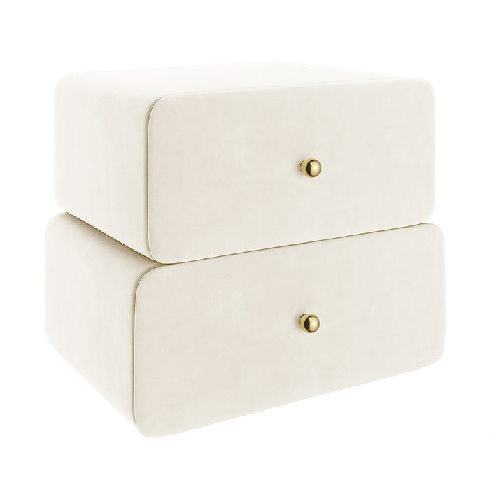 Luxo Tyla Modern Velvet Bedside Table Beige features stackable, cream storage drawers with round gold knobs, rounded corners, and a sleek, minimal design, perfect for compact spaces.