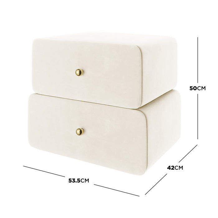 Luxo Tyla Modern Velvet Bedside Table Beige features a minimalist design with two stacked drawers, soft cream upholstery, and small brass-colored knobs, offering compact elegance and practical storage for bedrooms.