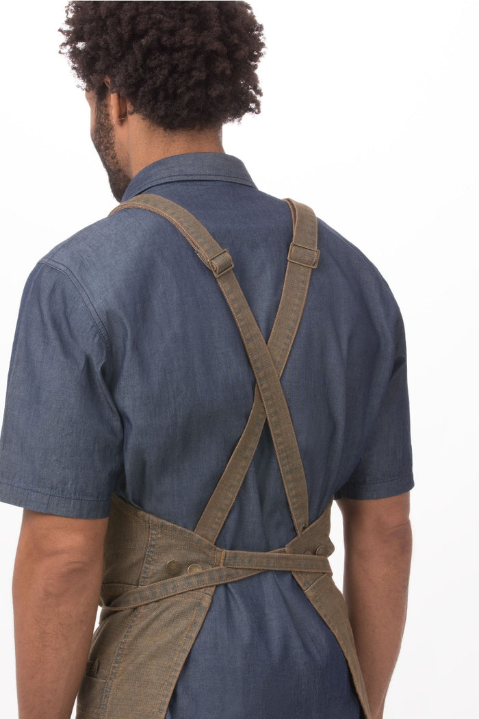 Chef Works Uptown Cross-Back Blue-Taupe Bib Apron