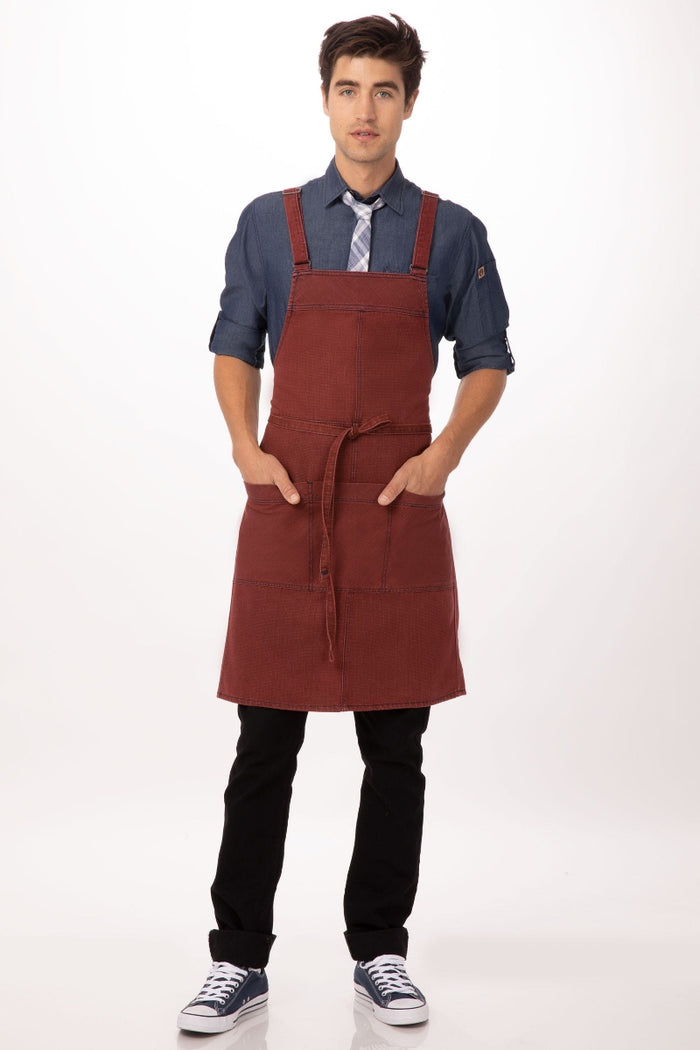 Chef Works Uptown Cross-Back Red-Navy Bib Apron