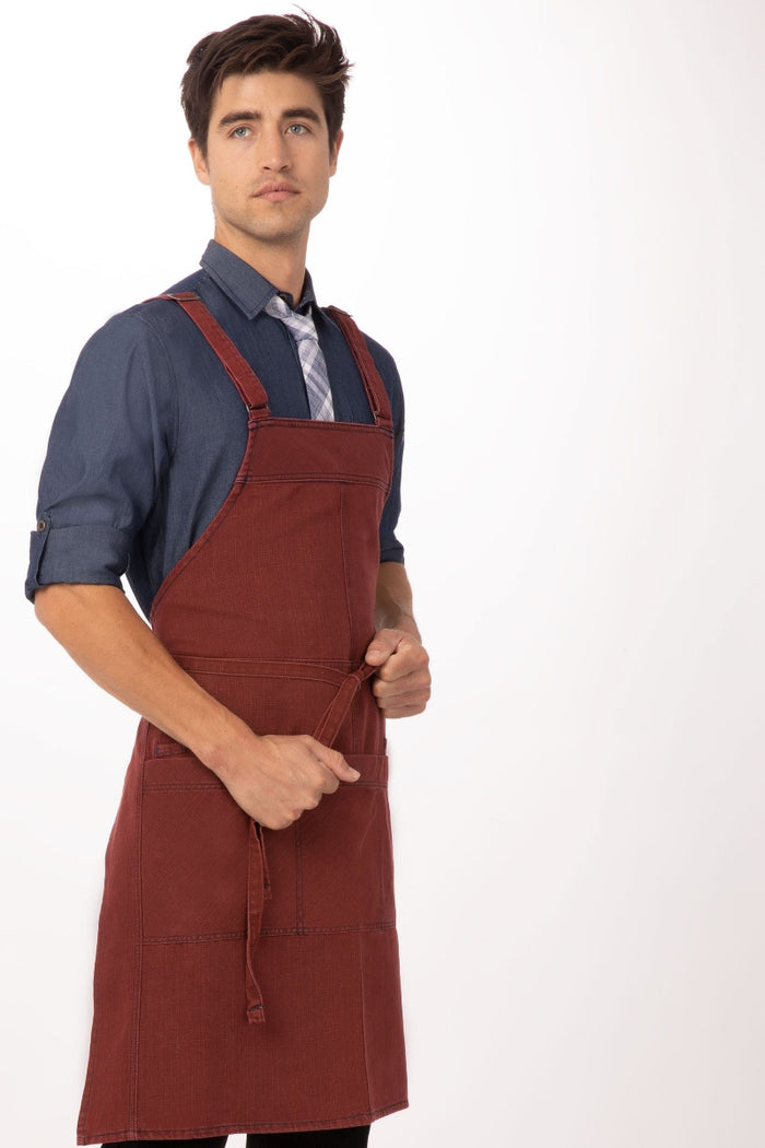 Chef Works Uptown Cross-Back Red-Navy Bib Apron