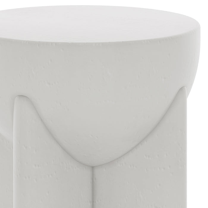 Valencia concrete side table, side view showcasing textured White surface and sturdy base