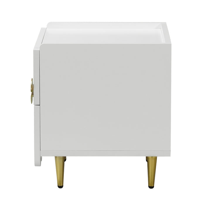 Venroy 45cm Bedside Table with 2 Drawers in White, featuring a modern matte finish, tapered brass-colored legs, and a raised lip around the tabletop, offering a sleek mid-century modern aesthetic.