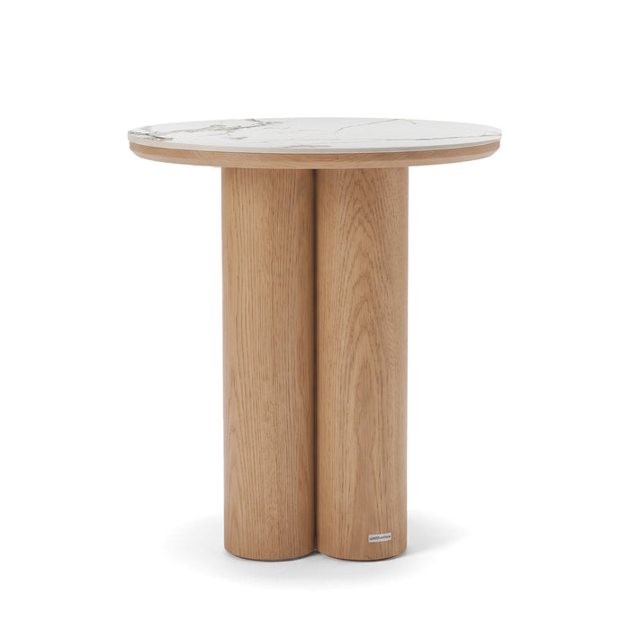 Round side table with marble-look top and wooden legs on white background