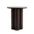 Round modern side table with dark wood finish on a white background