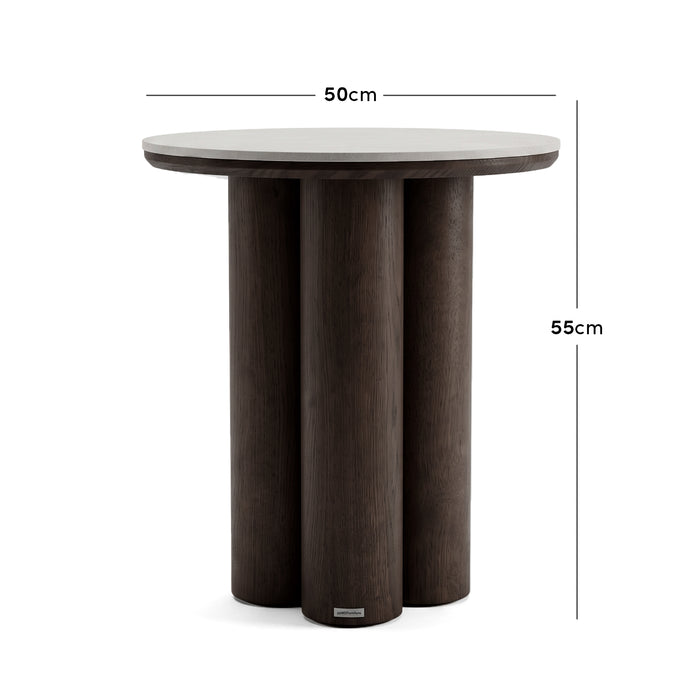 Round side table on white background with dimensions 50cm diameter and 55cm height