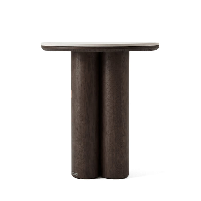 Round dark wood side table on a white background