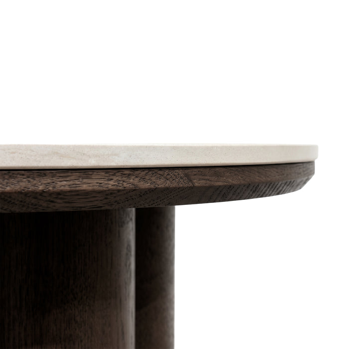 Close-up of table edge and leg detail on white background