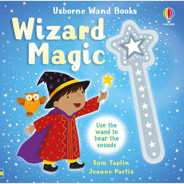 Book cover of 'Wizard Magic' with a child in wizard costume and owl, featuring Usborne Wand Books.