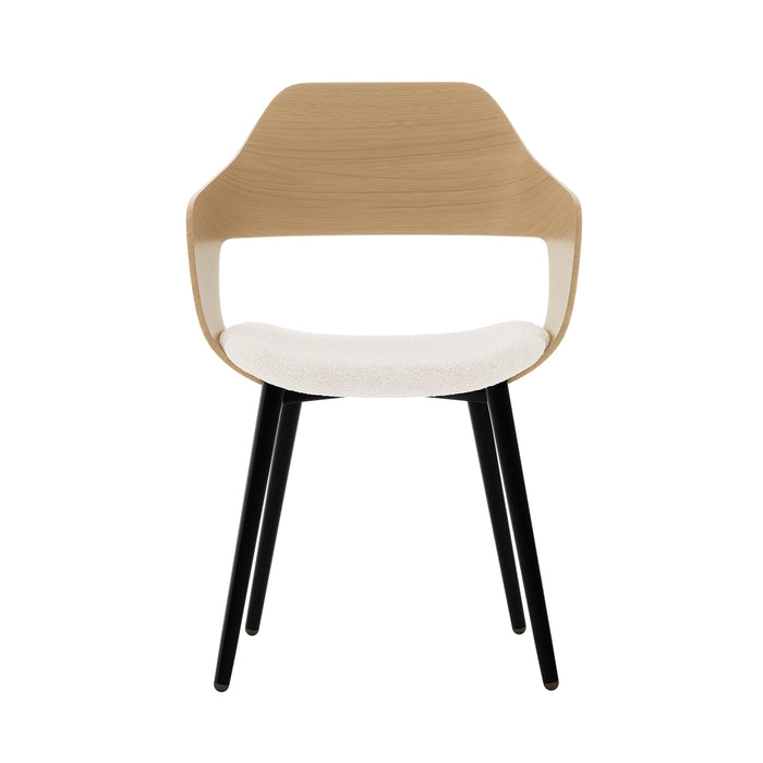Winfield Curved Wooden Back Boucle Dining Chair Cream White Set of 2 features a close-up of the curved wooden back and a white cushioned seat, showcasing its elegant, modern design.