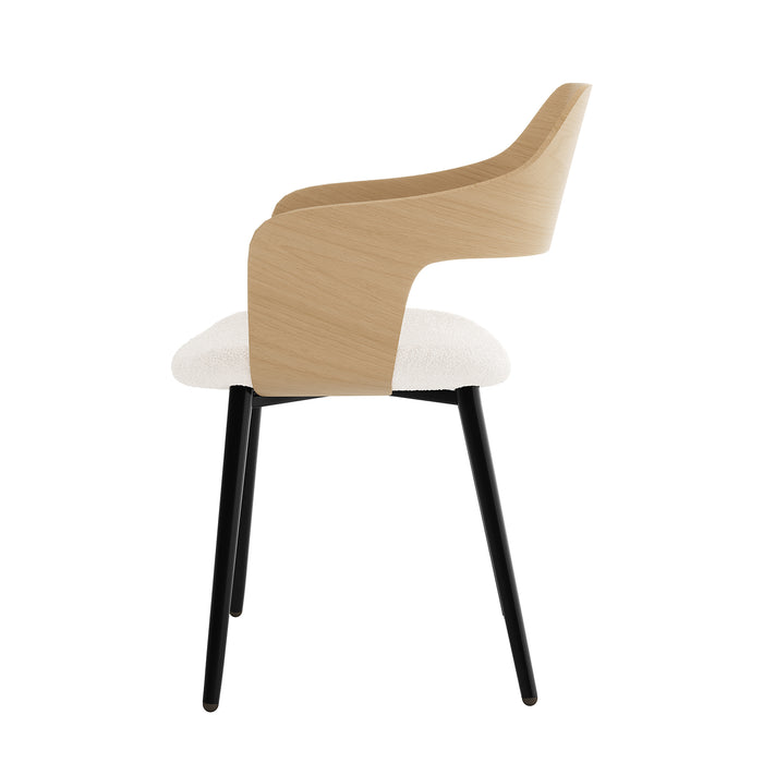 Winfield Curved Wooden Back Boucle Dining Chair Cream White Set of 2 features a close-up of the elegant curved wood back and textured boucle upholstery, highlighting its contemporary design and craftsmanship.