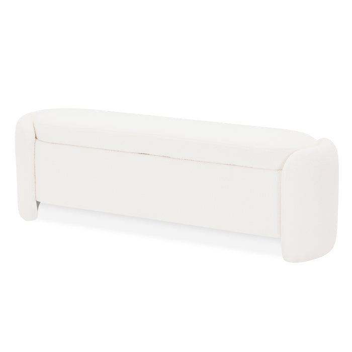 Wynne Fabric Storage Ottoman Bench Seat in Cream White, featuring a modern silhouette with rounded corners, plush boucle upholstery, slightly curved top, and hidden storage for a stylish, functional addition to any room.