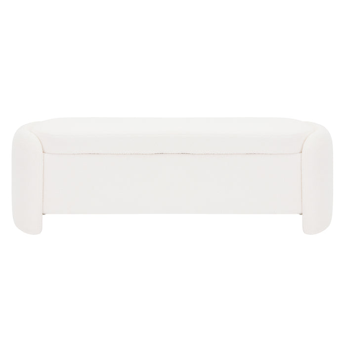 Wynne Fabric Storage Ottoman Bench Seat in Cream White, showcasing a modern, minimalist design with rounded ends, smooth top, and upholstered in soft boucle fabric, perfect for stylish storage and seating.