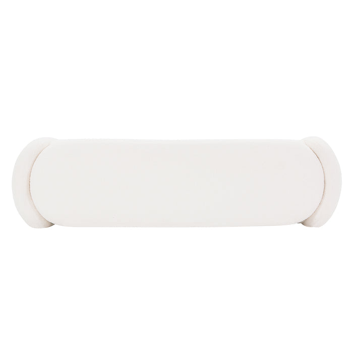 Wynne Fabric Storage Ottoman Bench Seat - Cream White, featuring a modern, rounded-cylinder design with oversized rolled ends, upholstered in smooth off-white fabric, offering a minimalist and sculptural aesthetic.