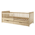 Zane Kids Solid Pine Timber Single Bed w/ Drawer - Natural features a low wooden frame with slatted base, safety guard rail, solid headboard and footboard, and a pull-out storage drawer for functionality.