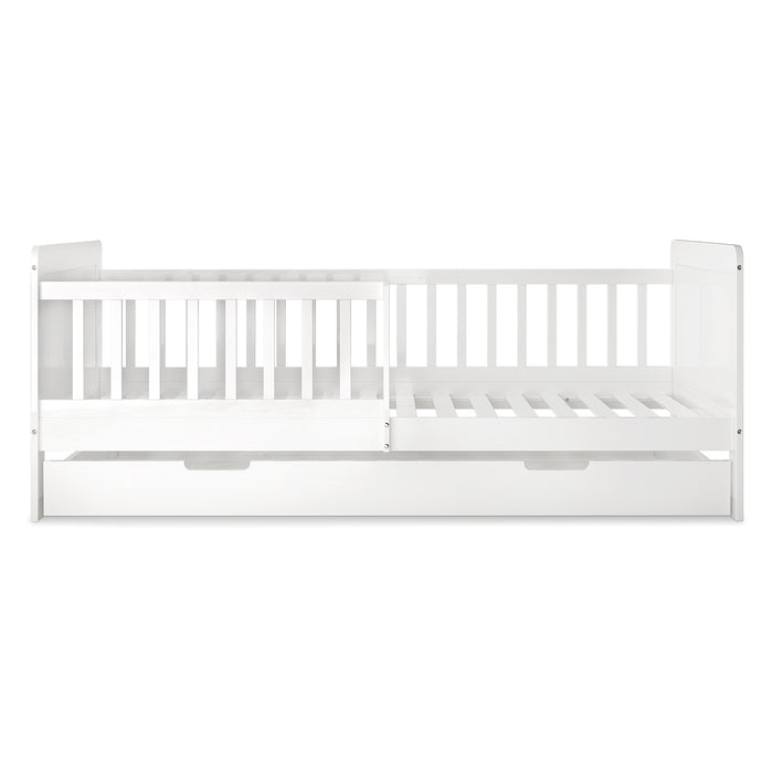 Zane Kids Solid Pine Timber Single Bed w/ Drawer - White, featuring a slatted design, partial safety rail, and built-in pull-out storage drawer, crafted from solid pine wood for durability and modern minimalist appeal.