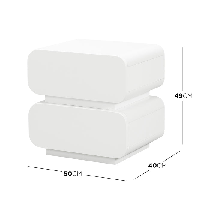 Zimerman 50cm 2-Drawer Bedside Table in White, featuring a minimalist design with two stacked, rounded-corner boxes and hidden drawers. Dimensions: 50cm wide, 40cm deep, 49cm tall. Ideal for modern bedrooms.